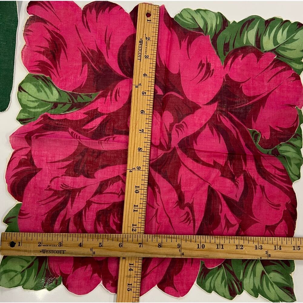 Set of 3 Vintage Hankie Handkerchiefs - Green Red Yellow Floral Beautiful - Picture 3 of 6